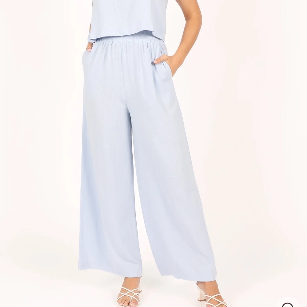 Petal & Pup Marnie Blue Linen Matching Set | Wide Leg Pants & Button Back Top